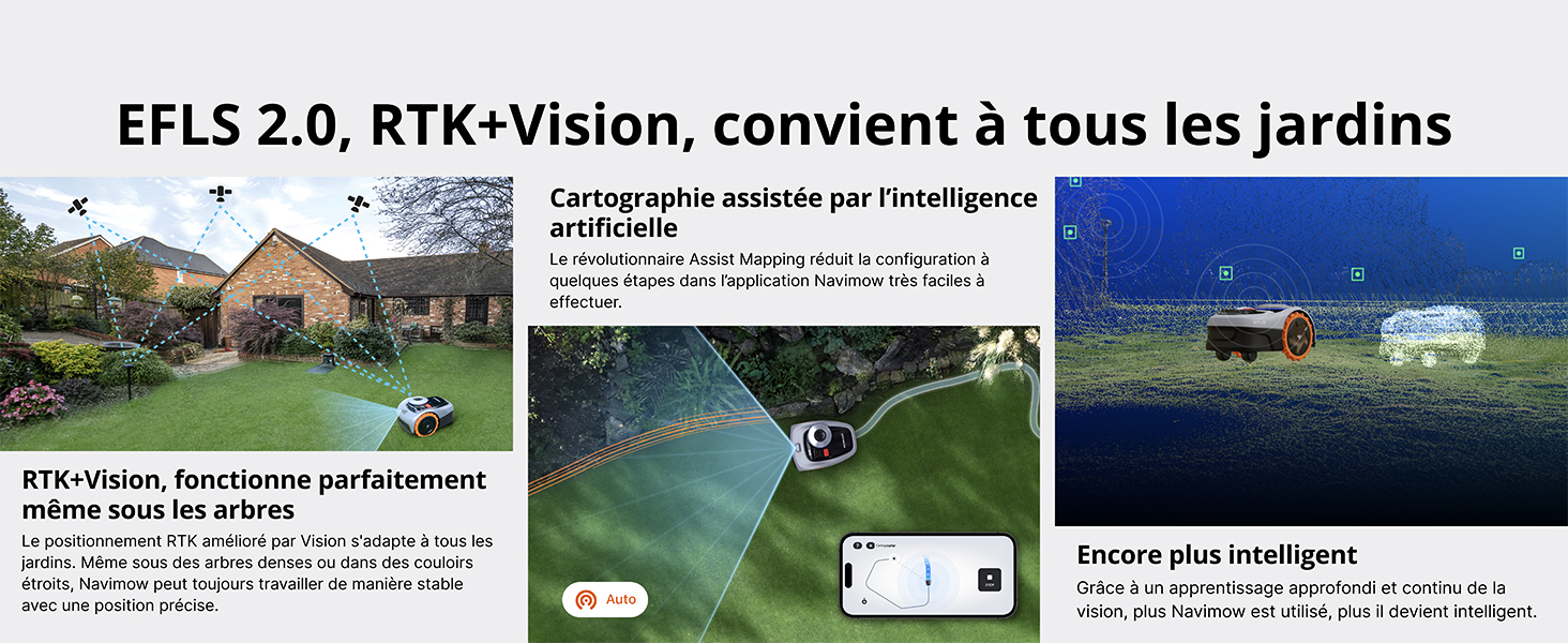 sur un système d'entretien des pelouses. Montre une tondeuse robotisée dans un jardin avec un texte décrivant les caractéristiques.