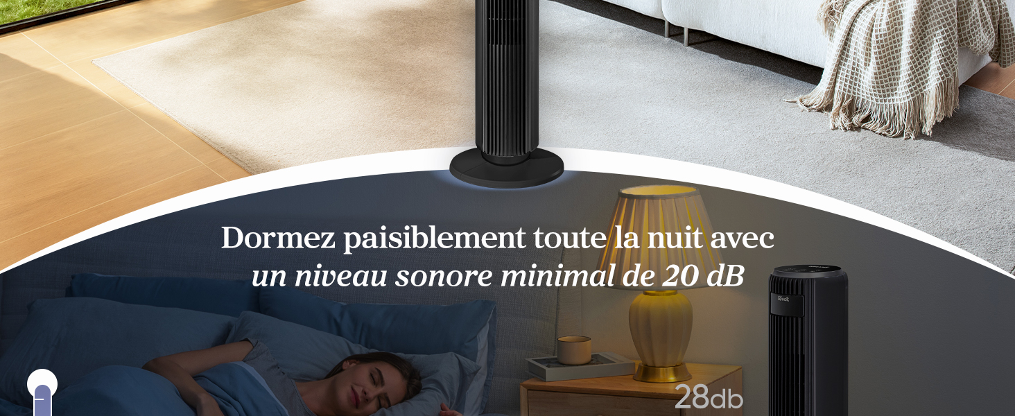 Le texte se lit comme suit : « Dormez paisiblement toute la nuit avec un niveau sonore inférieur à 20 dB » et « Aiello ». Présentation du produit présentant la fonction de réduction du son pour un sommeil paisible ; image partiellement masquée par des éléments de design en diagonale.