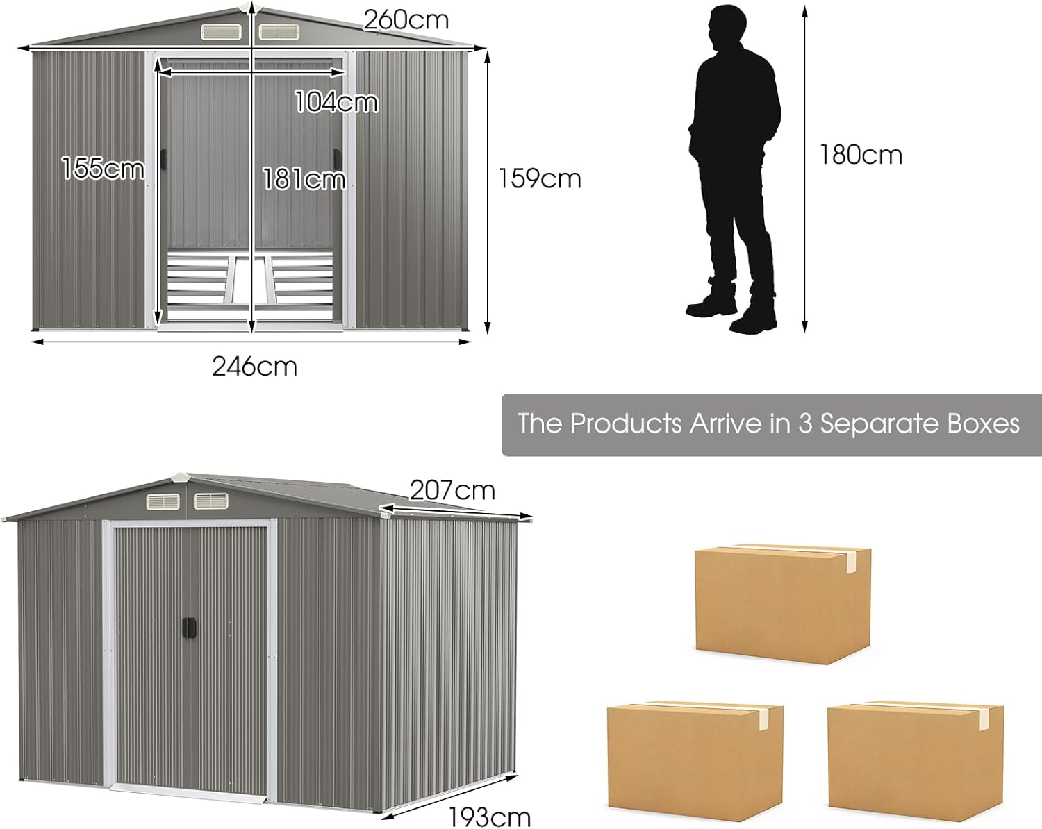 RELAX4LIFE - Abri de jardin acier 260x206,5x108cm, double porte, toit appentis, KX7293PK+FR