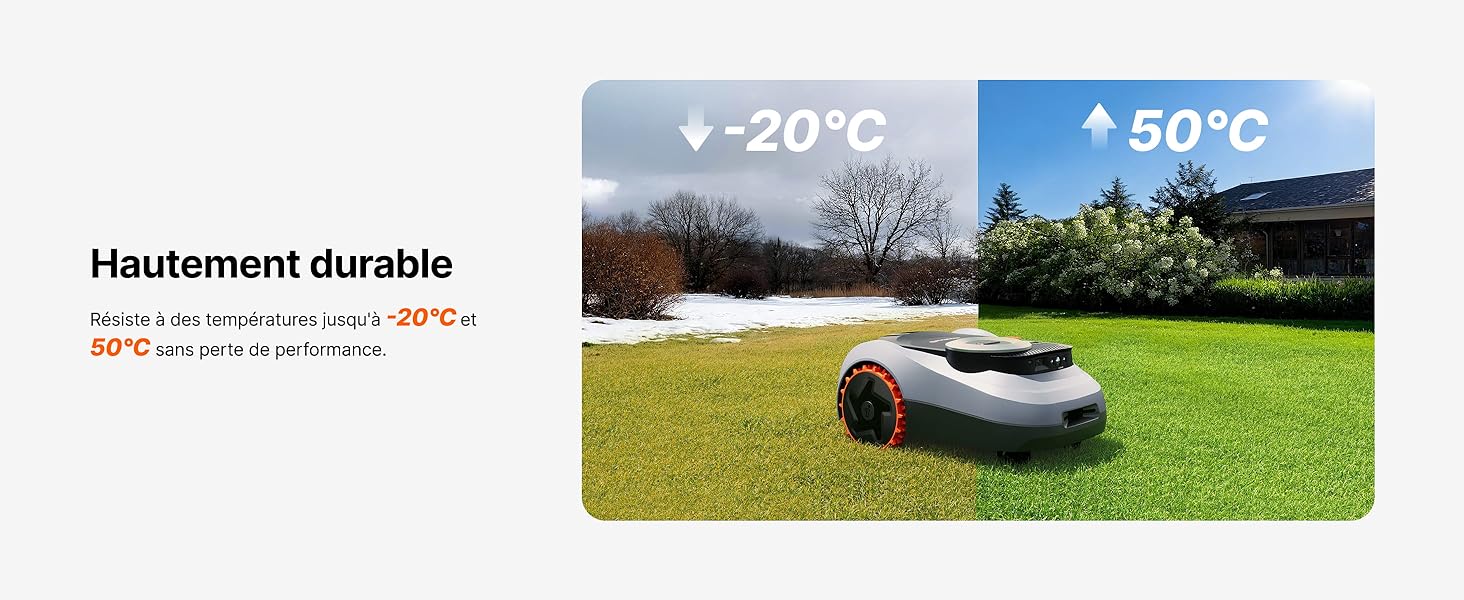 Le texte indique « Largement durable ». Plusieurs vues d'une tondeuse à gazon robotisée fonctionnant sur l'herbe, montrant différents angles de la fonctionnalité de tonte autonome.