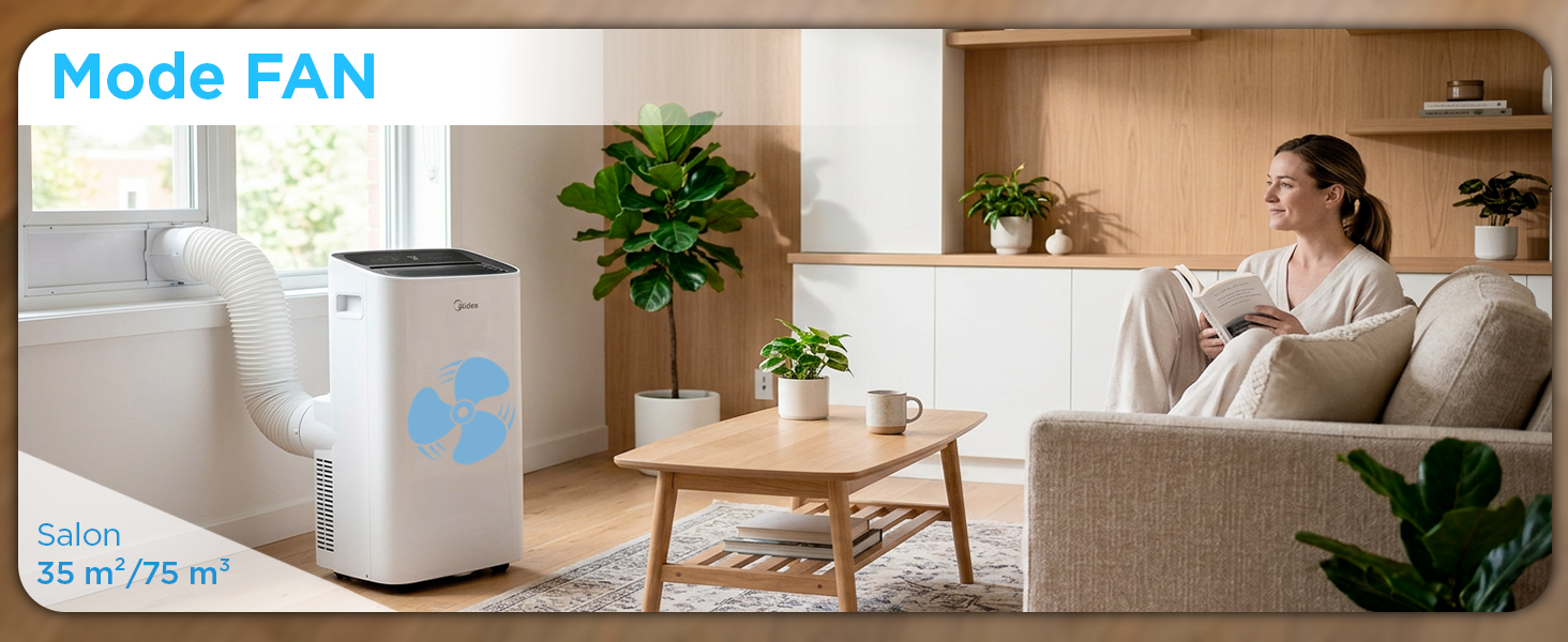 Le texte indique « Mode FAN » et « Smart 3,0/2,75 m³/h ». Purificateur d'air portable blanc avec des accents bleus affiché dans un salon moderne avec une femme, des plantes en pot et des meubles en bois.