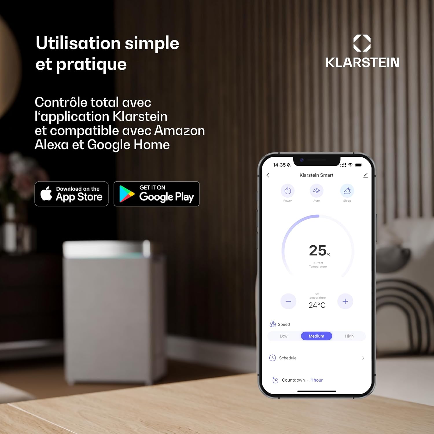 Klarstein Kraftwerk Eco Smart 11 Climatiseur Mobile - 11,500 BTU, 35-59 m², WiFi & App Control, 3-en-1 Refroidissement, Ventilateur & Déshumidificateur, Silencieux 50 dB, Classe A+, Blanc
