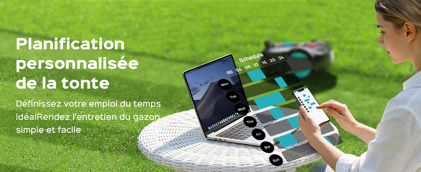Le texte indique « Planification », montre des chaussures de sport sur l'herbe avec des éléments de texte superposés en français.