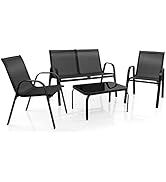 COSTWAY Ensemble Salon de Jardin 4 Pièces en Acier, 2 Fauteuils, 1 Canapé et 1 Table Basse en Ver...