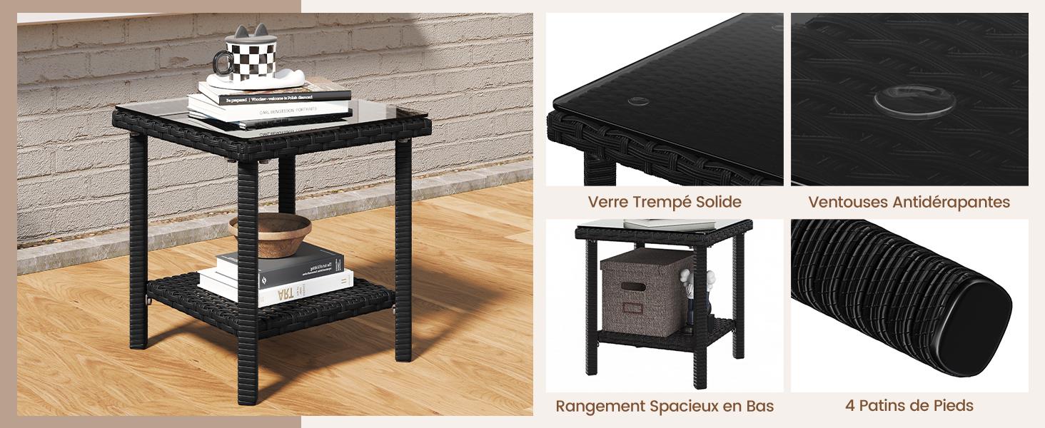 Table d'appoint carrée noire avec surface supérieure à carreaux, étagère inférieure et structure en métal. Plusieurs vues montrent les détails du dessus de la table, l'angle avant et le compartiment de rangement de l'étagère.