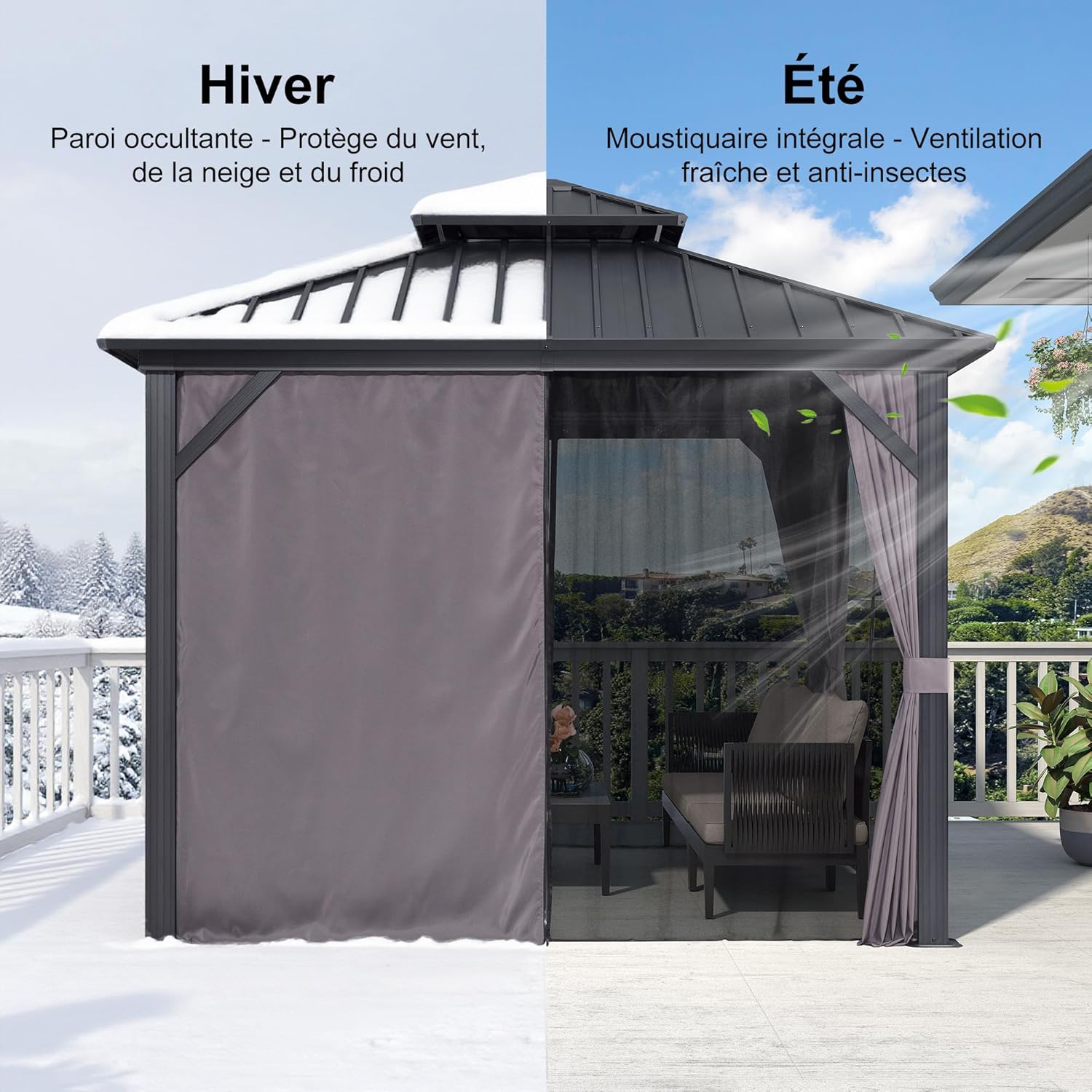 PURPLE LEAF - tonnelle extérieur double toit 3x3m, alu et acier, rideaux, guirlande lumineuse