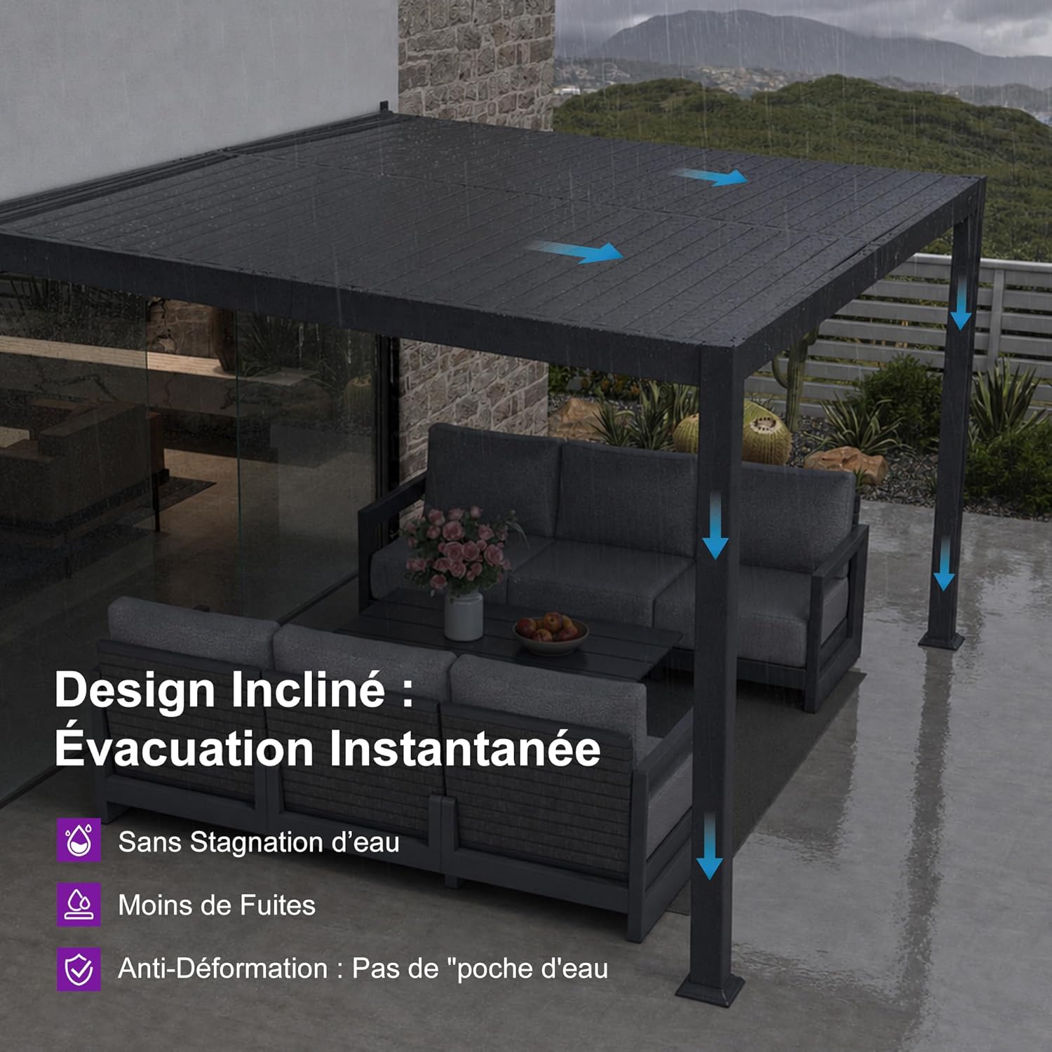PURPLE LEAF - pergola bioclimatique adossée - 2,5x3,65m - aluminium, lames orientables, imperméable, gain de place