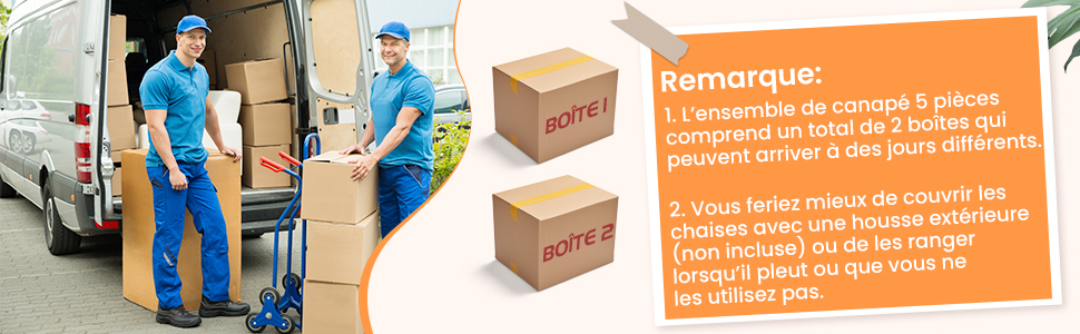 Des livreurs chargent des boîtes dans une camionnette. Zone de texte orange contenant des instructions en français concernant la manutention des colis et les problèmes de livraison.