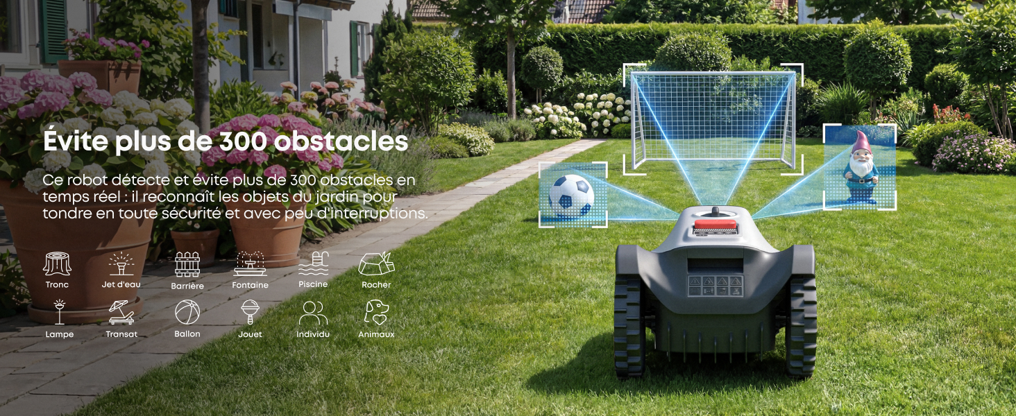 Le texte se lit comme suit : « Évitez plus de 300 obstacles ». Tondeuse à gazon robotique sur gazon vert avec des icônes bleues d'évitement d'obstacles qui l'entourent dans un jardin extérieur.