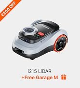 Le texte indique « i215 LIDAR » et « +Free Garage M » avec une bannière orange « SAVE NOW » sur un aspirateur robotique blanc avec un design noir et blanc et des roues rouges.