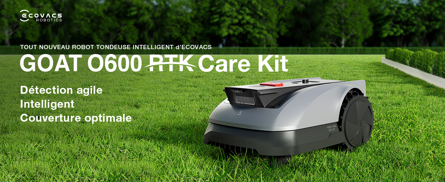 Le texte indique « Kit de portail PIR GOAT G600 » avec « Detection agile » et « Couverture optimale ». La bannière marketing montre un système de portail automatisé avec un fond d'aménagement paysager vert.