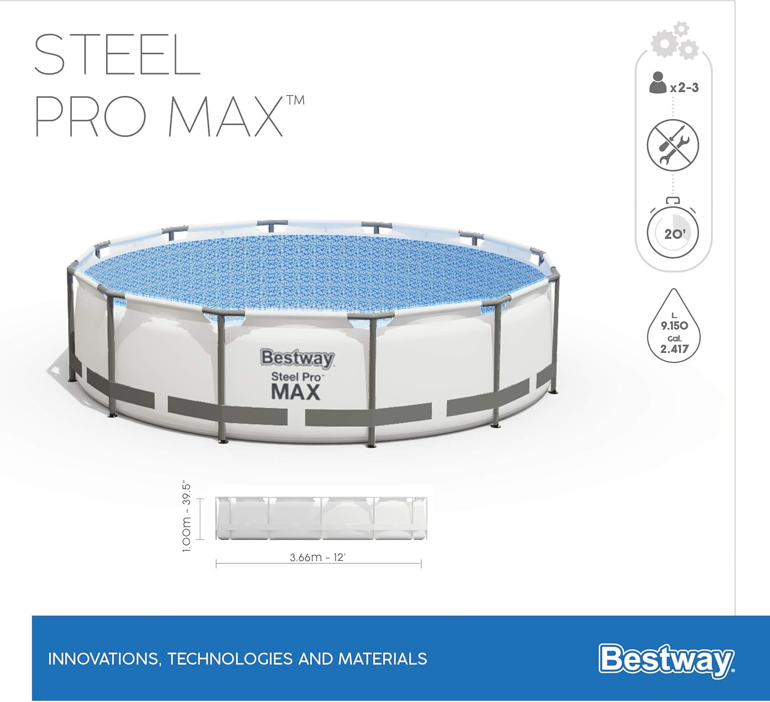 Bestway - Steel Pro Max piscine ronde - 366x100 cm - hors sol, robuste