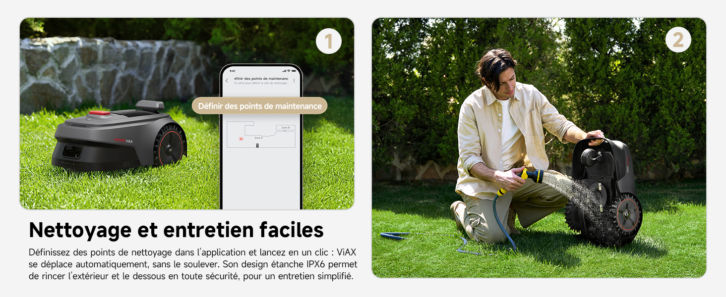 Le texte se lit comme suit : « Nettoyage et entretien faciles ». Démonstration de l'utilisation du produit en extérieur montrant le processus de nettoyage ou d'entretien sur une surface gazonnée.