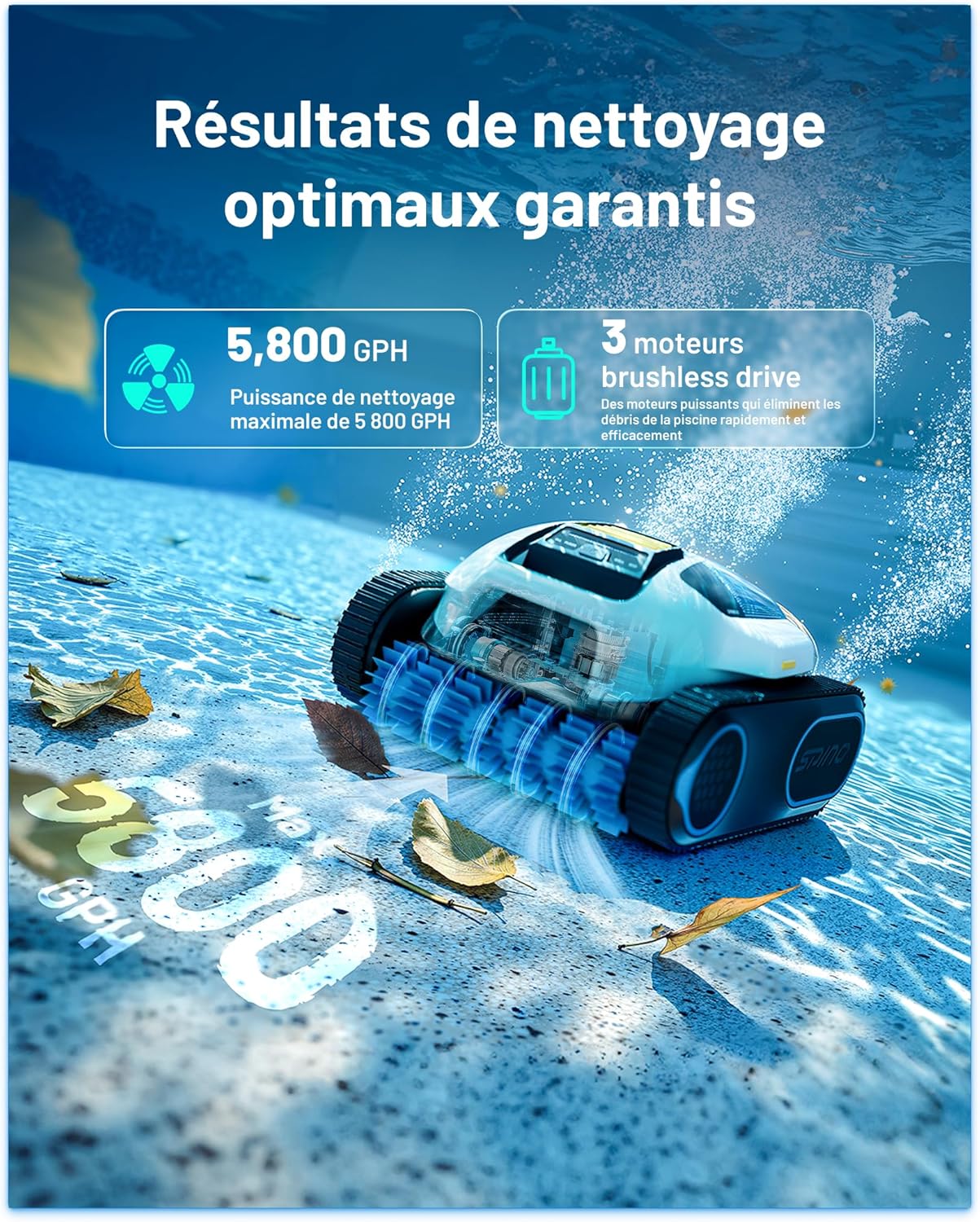 SPINO E1 Robot Piscine sans Fil, Autonomie de 210 Mins, 21950 LPH Max, 5 Modes Robot de Piscine, Nettoyage des Parois et de la Ligne d'eau, Contrôle par App, Trajet SmartArc, Idéal pour Piscines 150㎡