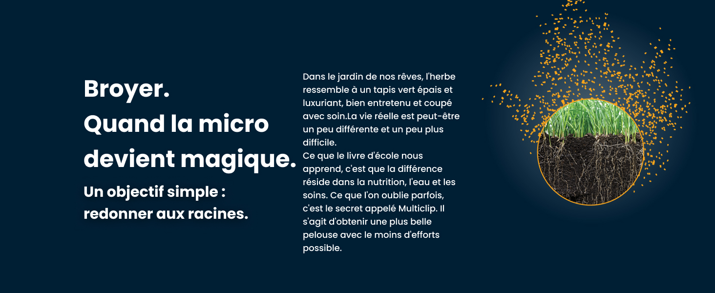 Le texte se lit comme suit : « Broyer ». Visualisation abstraite montrant des particules ou des points dorés éparpillés sur un fond sombre avec quelques éléments verts, suggérant un concept scientifique ou technique.