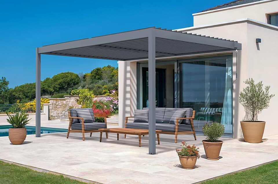 Cazeboo - Pergola bioclimatique PIANA 4x3m, alu gris, 1 brise-vue