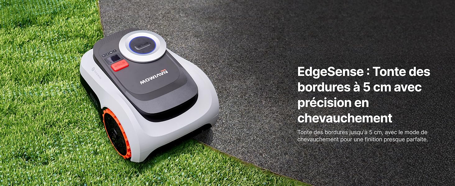 Le texte se lit comme suit : « EffoSense - Tonite des bordures à 5 cm avec précision en chevauchement ». Tondeuse à gazon robotisée sur gazon avec bande de bordure foncée, démontrant la capacité de coupe des bords.