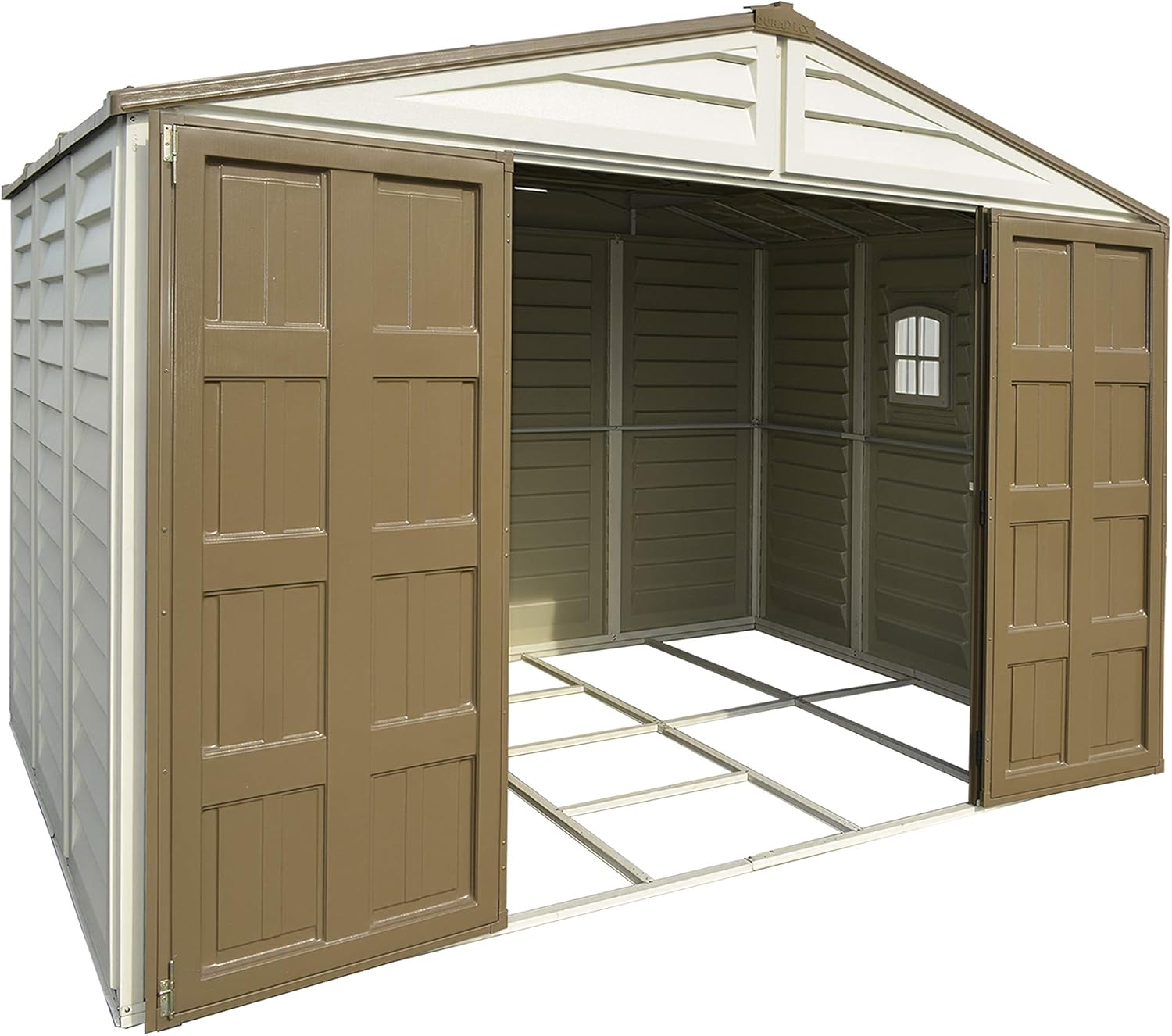 Abri de jardin en plastique Plus 10 x 8 (7.64 m²) avec 1 fenêtre fixe et kit de fondation en métal, structure de toit en métal robuste et abri de jardin sans entretien - Ivory/Brown