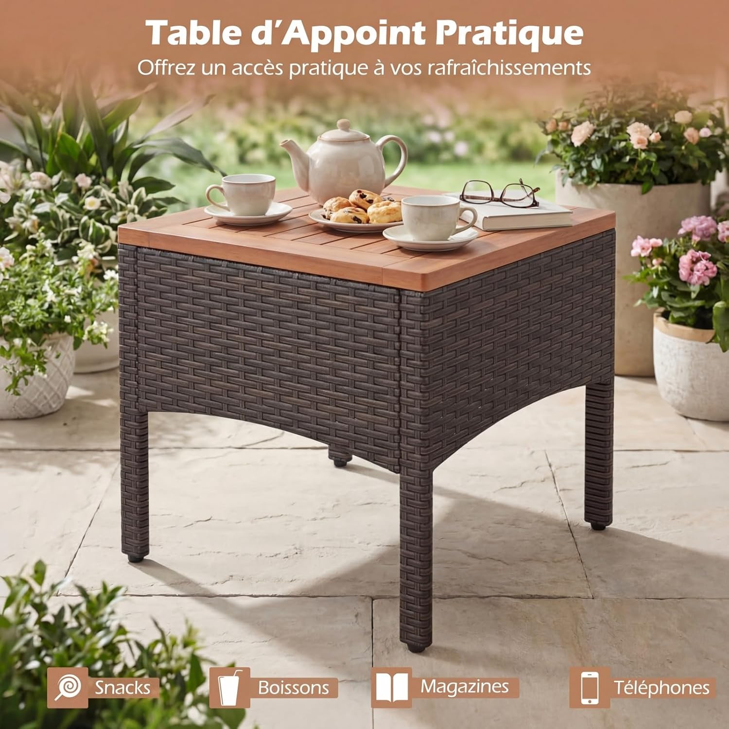 Salon de Jardin COSTWAY - 5 pièces en Rotin Jaune Terre - 2 fauteuils, 2 ottomans, table acacia, coussins amovibles - 14