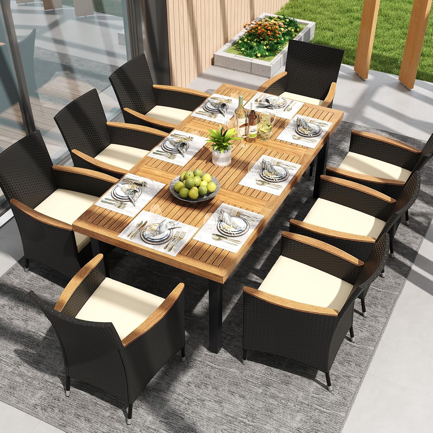 COSTWAY - table de jardin 200 cm - 8 pers. acacia métal, trou parasol