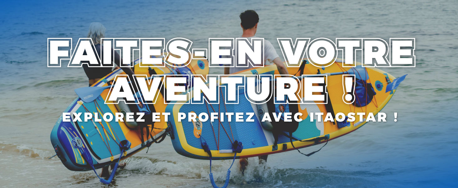 Le texte se lit comme suit : « FAITES-EN VOTRE AVENTURE ». Scène hivernale montrant des personnes pratiquant des activités de neige avec de l'équipement sur un terrain enneigé.