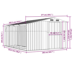 Schéma d'un grand hangar de rangement métallique ou d'une structure de garage, montrant les dimensions en centimètres et en pouces pour la longueur, la largeur et la hauteur des différents composants.