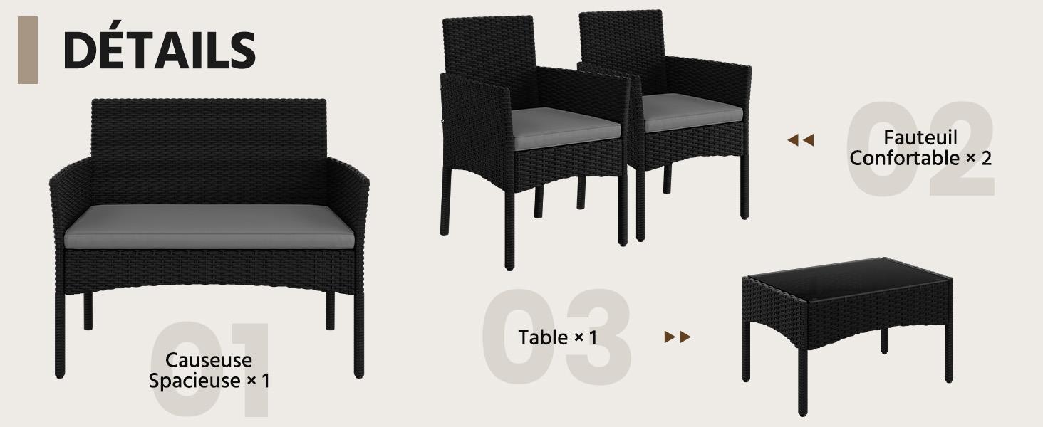 Le texte indique « DÉTAILS ». Disposition du produit montrant un ensemble de mobilier d'extérieur noir comprenant des sièges « L'ensemble Spacieux » et une « Table +1 » avec de multiples configurations d'agencement.