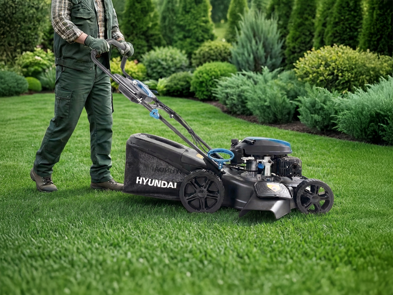 Le texte indique « HYUNDAI ». Série d'images montrant une tondeuse à gazon en action sur de l'herbe verte, montrant la tonte du gazon dans un jardin bien entretenu.