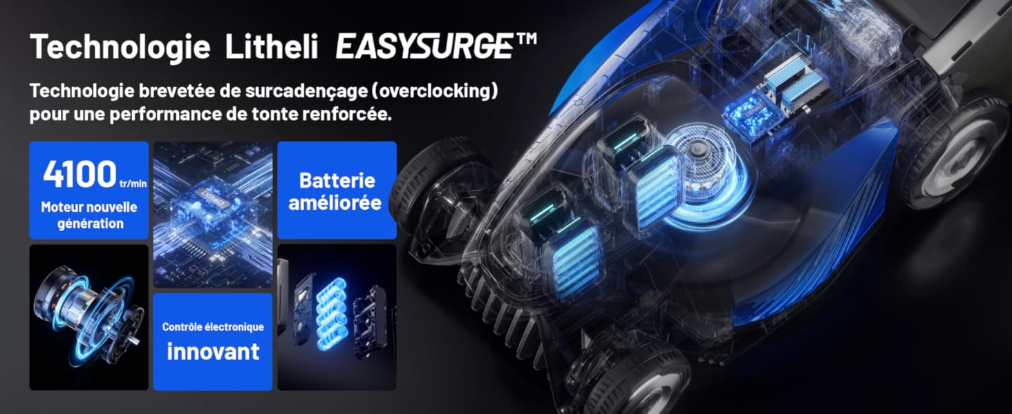 Interface technique du produit affichant un écran lumineux bleu avec de multiples indicateurs de fonction et le texte « EASYGUIDE » visible.