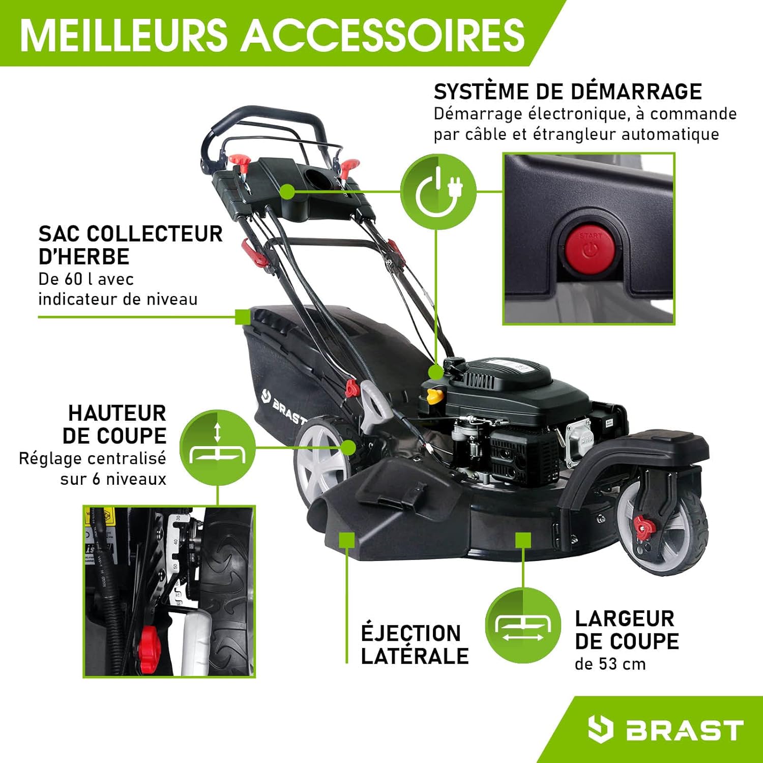 BRAST tondeuse thermique 3 roues TRIKE ESTART SPEED 224cc 53cm tractée démarrage électrique vitesse d'entraînement triple réglable mulching 4en1 capot en tôle en acier 60l - moteur 4 temps reglable