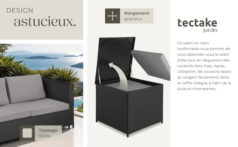Le texte inclut « astuclenz », « tectake ». Collection de mobilier d'extérieur moderne comprenant un canapé de patio de couleur foncée et des arrangements de sièges sur fond blanc.