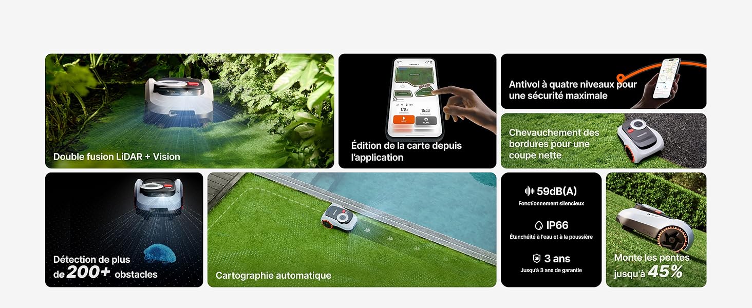 Démonstration de produits à panneaux multiples montrant une tondeuse à gazon robotique en action dans différents scénarios de jardin. L'interface numérique s'affiche dans les panneaux d'angle.