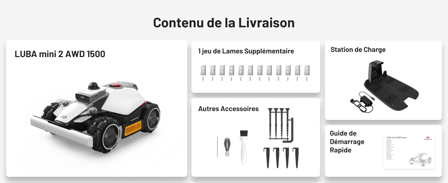 Le texte indique « Contenu de la Libraison » et « LIBR 4WD 2,4 GHZ 1000 ». Véhicule jouet télécommandé avec les composants d'assemblage, le manuel d'instructions et les pièces de quincaillerie affichés.