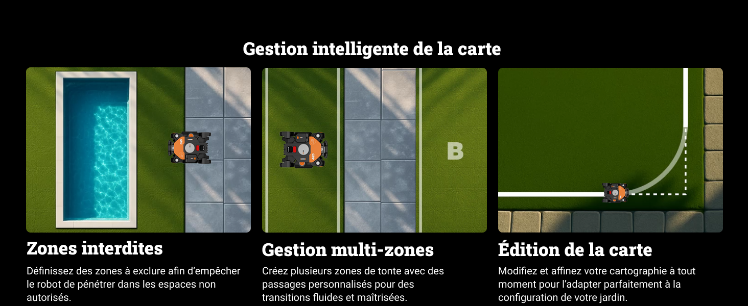 Le texte se lit comme suit : « Gestion intelligente de la carte » et « Zone avantages ». Écrans d'interface numérique affichant des affichages semblables à des cartes avec diverses icônes et éléments de navigation en vert et blanc.