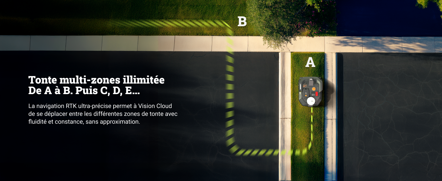 Interface de jeu sombre affichant les points de navigation A et B avec le texte « Fonte multi-zones illimitée » en français. Les éléments de l'interface suggèrent un mouvement entre les zones.