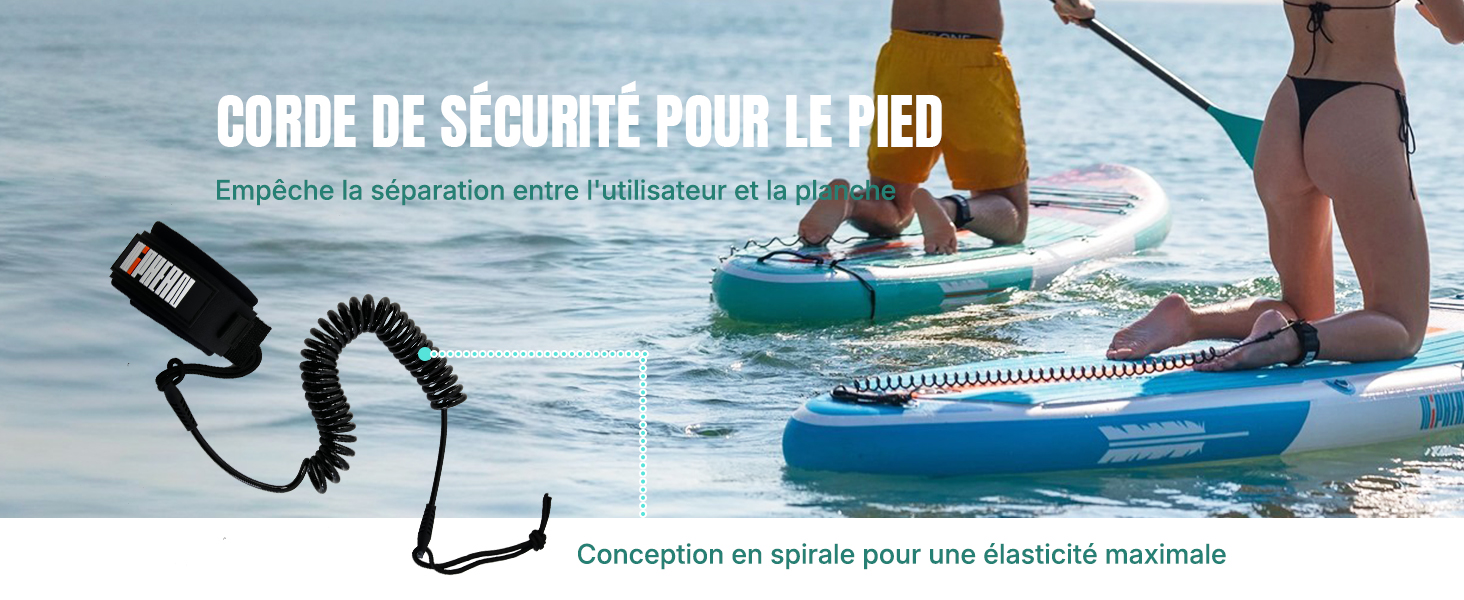 Laisse de sécurité enroulée pour le paddleboard, illustrée avec un design en spirale pour plus d'élasticité. L'image montre des planches à pagaie sur l'eau avec un texte expliquant la fonction du produit en français