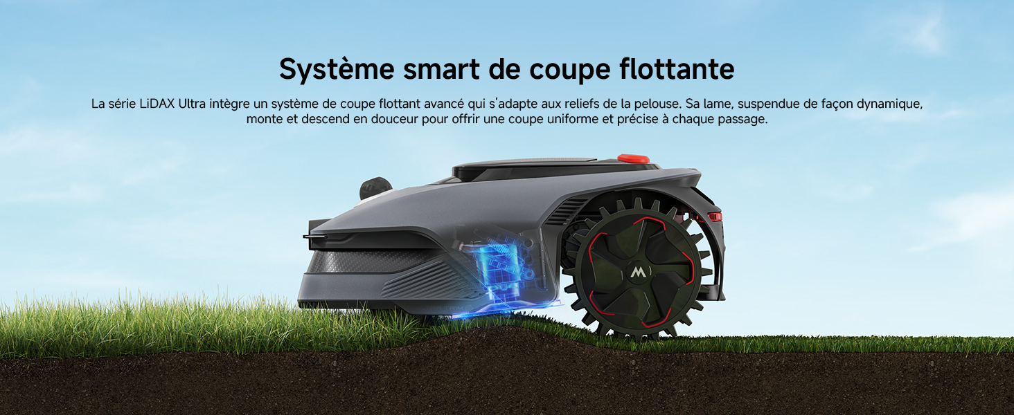Le texte se lit comme suit : « Système smart de coupe flottante ». Scène extérieure montrant de l'herbe et un aménagement paysager avec une superposition technique ou des éléments de schéma.