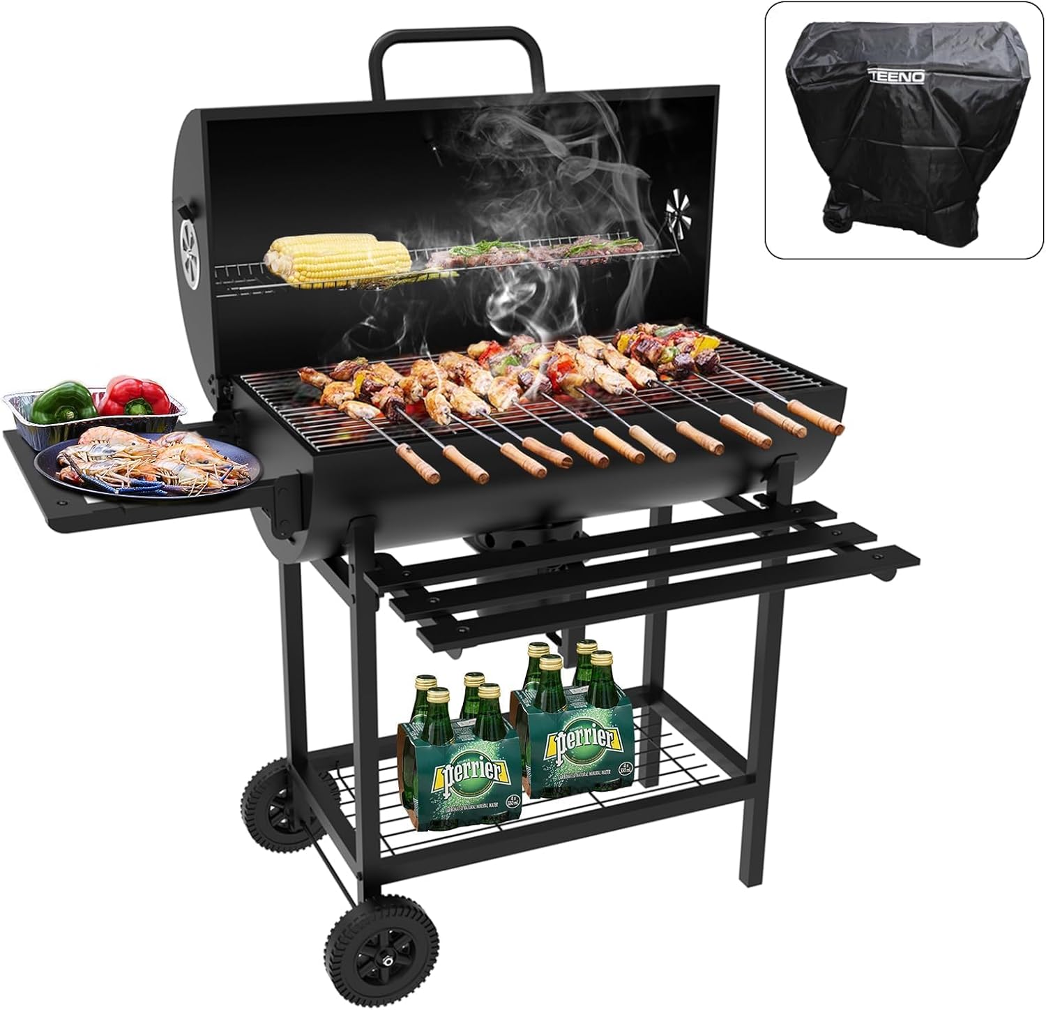TEENO - Barbecue XXL à charbon, bois, couvercle, thermomètre - housse imperméable - GRILLXXL