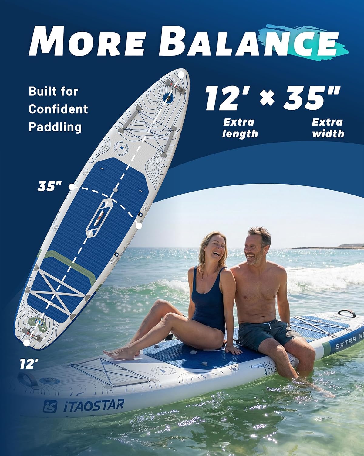 iTAOSTAR Adventure 365×88cm Planche de Paddle Extra Large avec siège, Accessoires Sup Haut de Gamme Tout-en-Un, 5 ailerons sur Mesure, Planches de Paddle gonflables Stables pour Adolescents/Adultes Global Recycled Standard