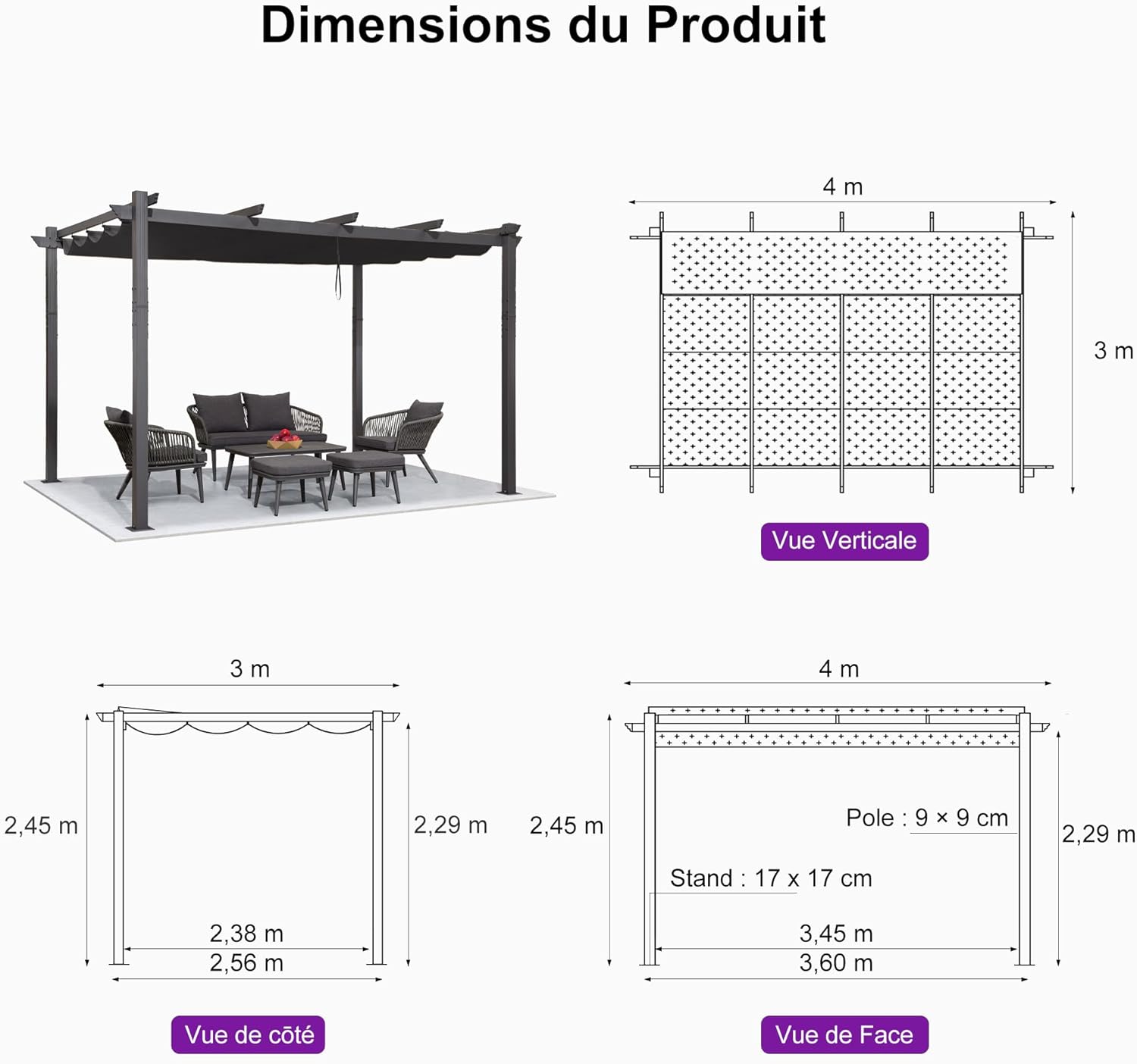 PURPLE LEAF - pergola aluminium - 4x3m - toit coulissant, tissu teint