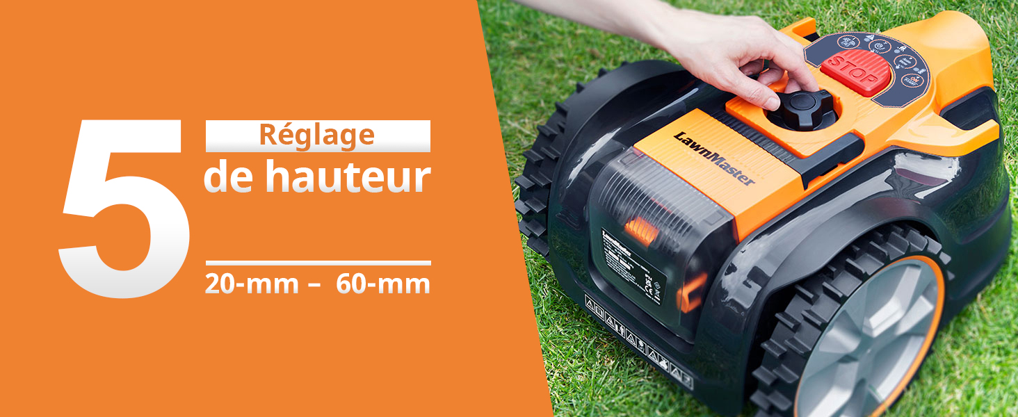 avec réglage de la hauteur de 20 à 60 mm, illustrée sur l'herbe avec réglage manuel