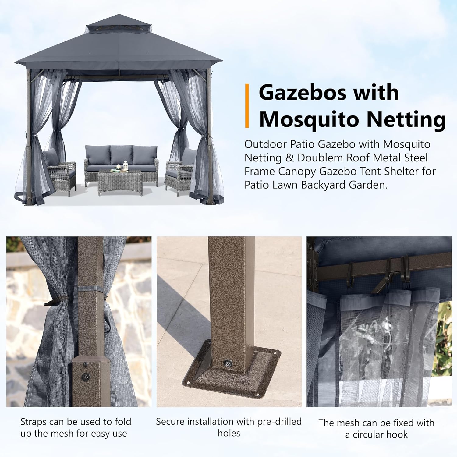 ABCCANOPY - Tonnelle extérieure double toit - 229 x 227 cm - moustiquaire, rideaux, gris foncé