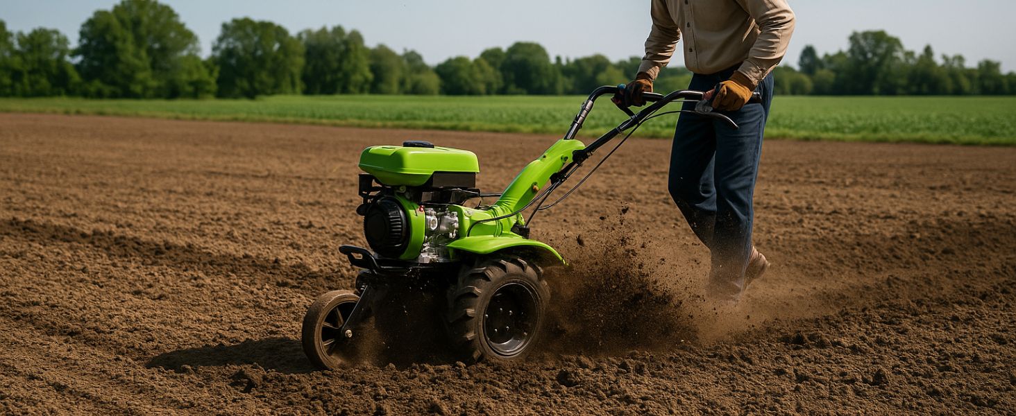 Images séquentielles de machines agricoles labourant le sol sombre d'un champ, créant des rangées de terre labourée avec des nuages de poussière visibles.
