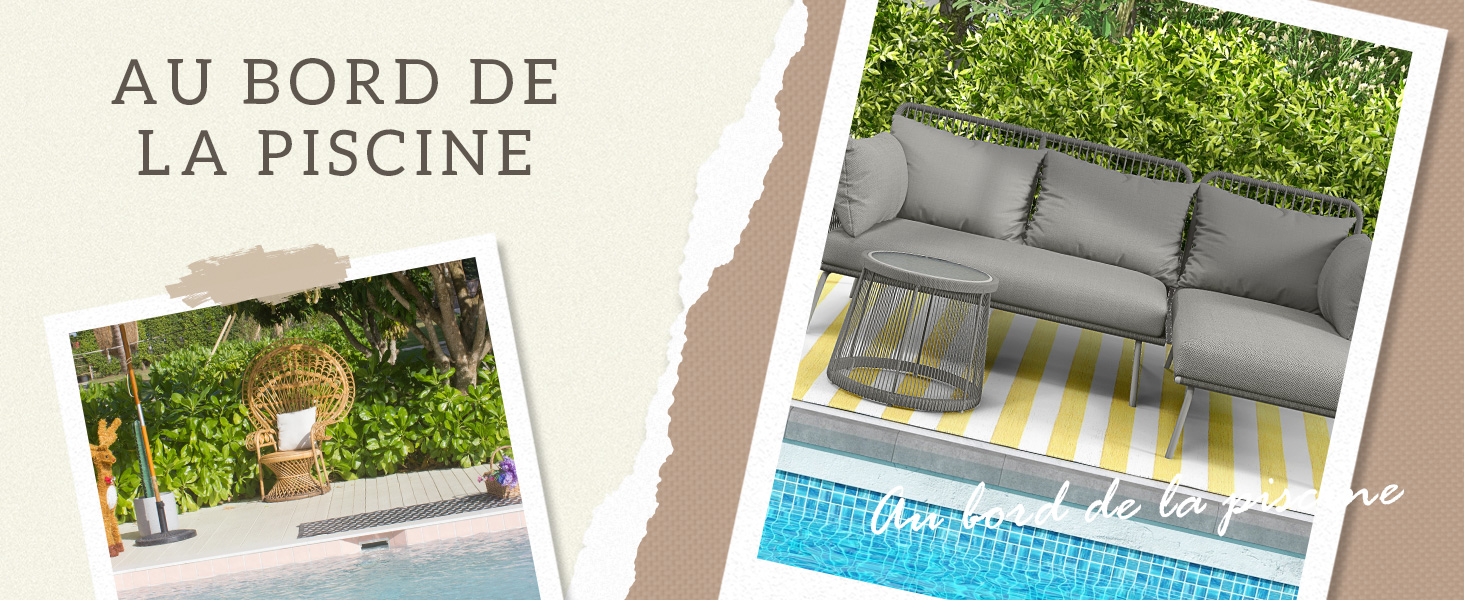 au bord de la piscine avec du mobilier d'extérieur, y compris un canapé rembourré gris avec des coussins décoratifs à rayures jaunes au bord d'une piscine