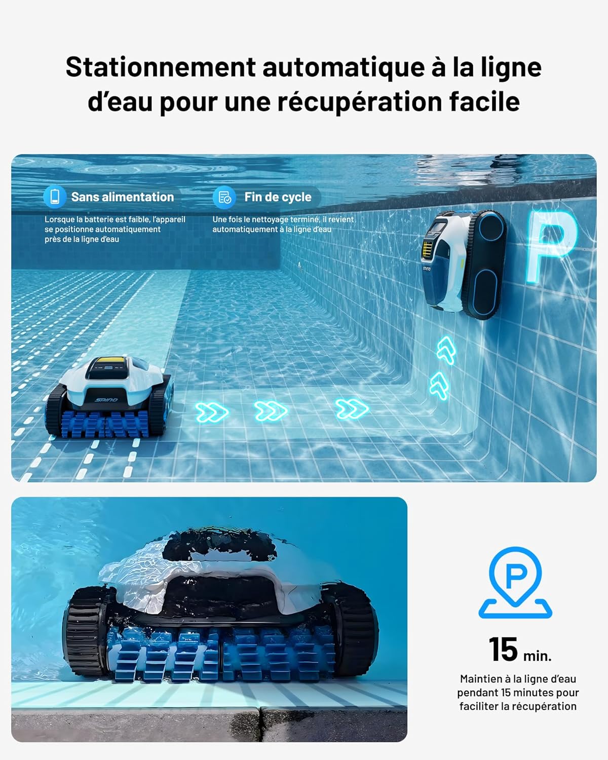 SPINO - E1 Robot piscine 150㎡, aspiration 21950 LPH, 210 min, 5 modes, E1