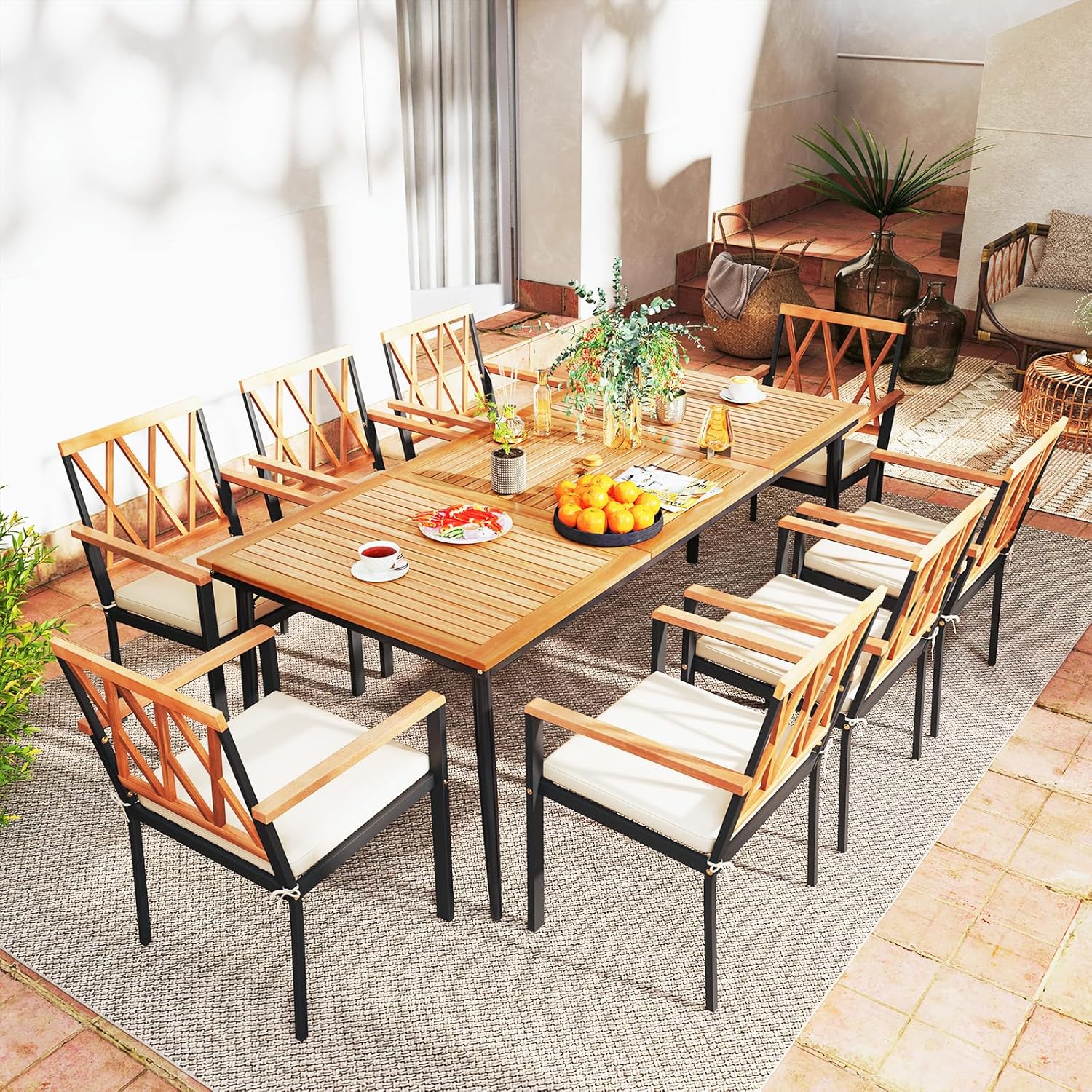 GOPLUS - Table de jardin 8 personnes - 190x90cm - bois acacia, trou parasol 5cm, pieds métal, charge 75kg