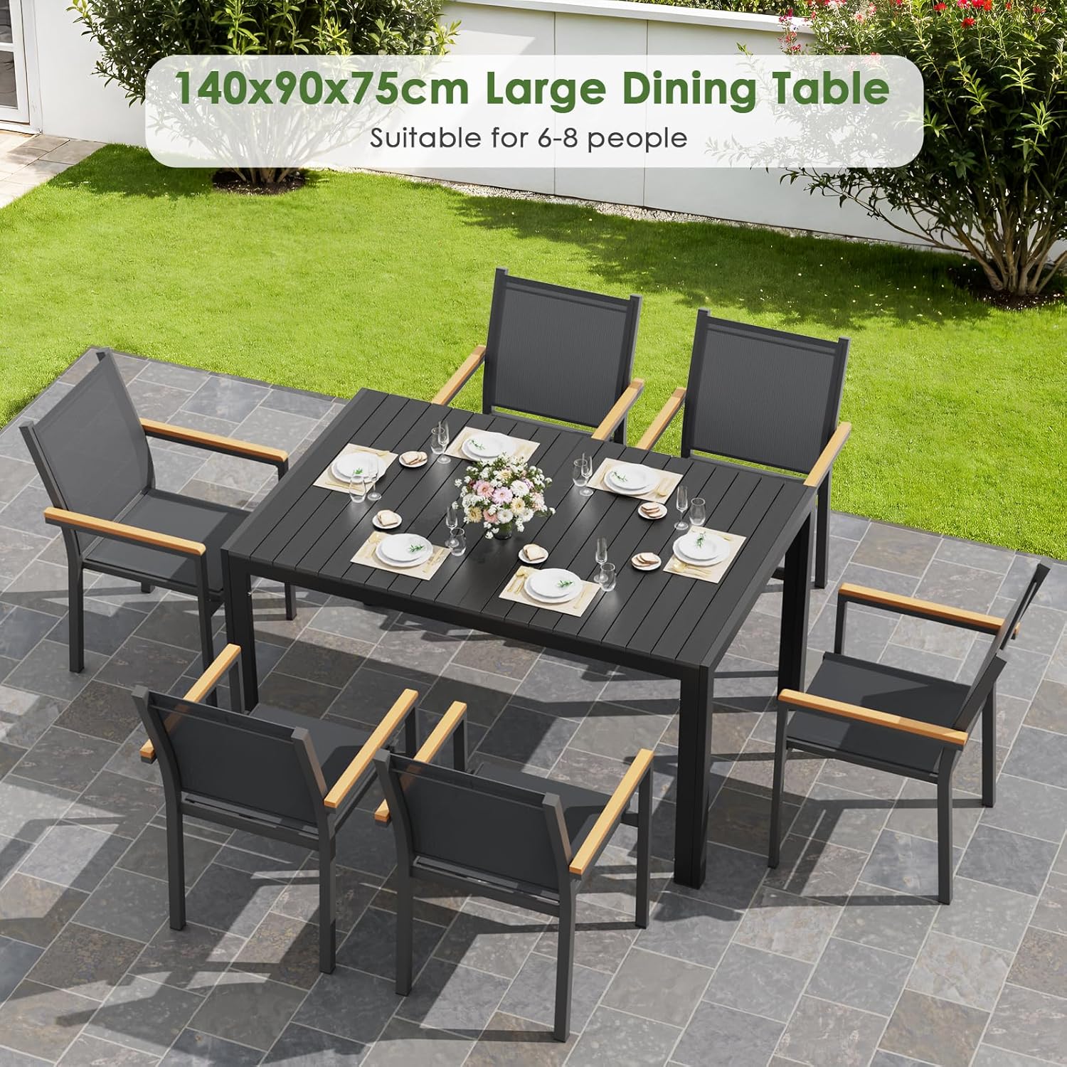 LIFERUN - Table jardin alu 140x90x75 cm WPC, 6 pers, noire