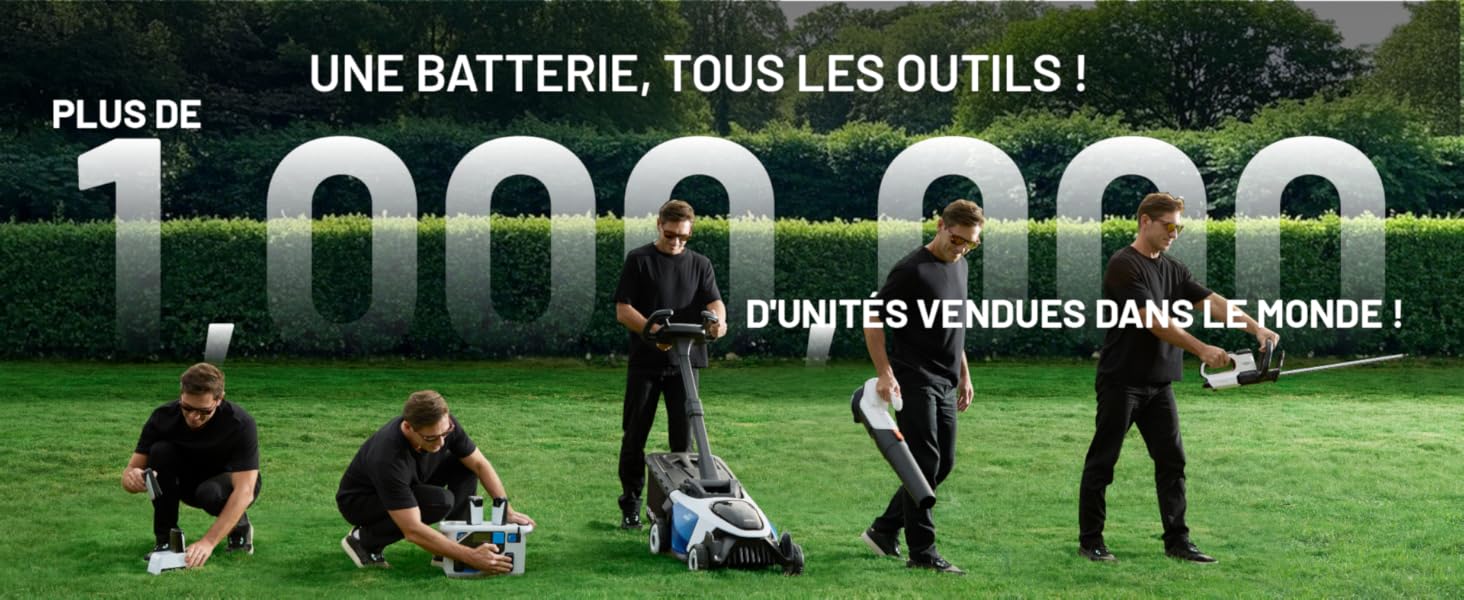 Séquence de plans d'action en plein air montrant des personnes utilisant des outils ou de l'équipement sur l'herbe, avec un texte en français superposé sur les batteries et les outils