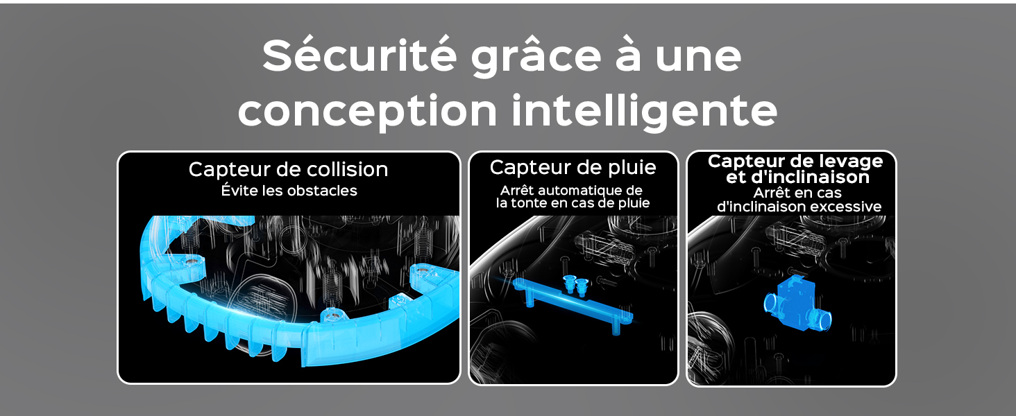 présentant trois caractéristiques de sécurité : capteur de collision évitant les obstacles, capteur de pluie pour l'essuyage automatique et capteur de lumière pour l'activation automatique des phares. Le texte en français décrit la conception intelligente pour la sécurité.