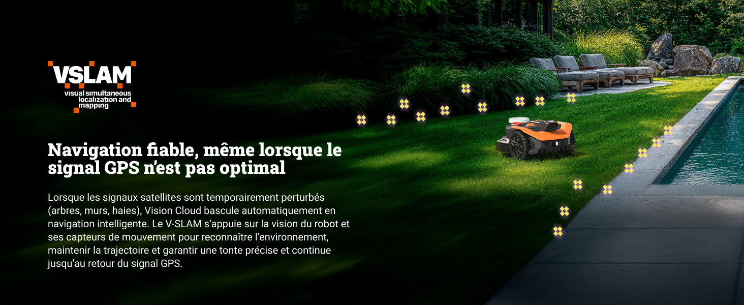 Le texte indique « Navigation facile, même lorsque le signal GPS n'est pas optimal » et « VSLAM ». Photo de paysage montrant un véhicule orange sur une route courbe à travers un environnement verdoyant avec des graphiques techniques superposés.